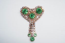 Vintage Brosche Gablonz Herz Strass grün & klar mit Anhänger