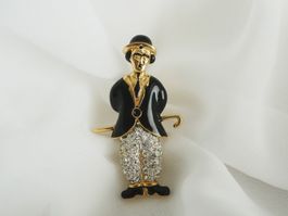 Brosche Charlie Chaplin Figur Emaille Strass gold Vintage
