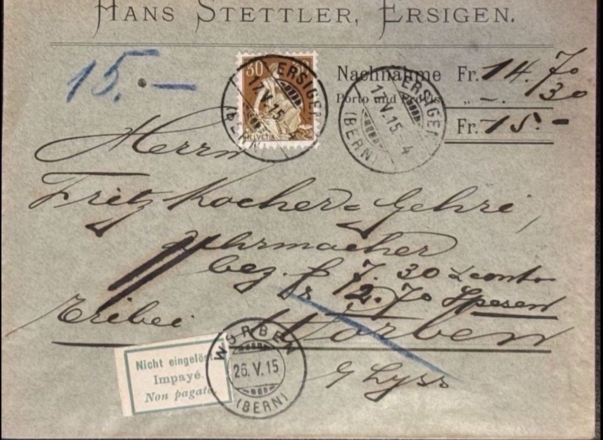 Tous les timbres: Alte Korrespondenz: Brief BERN - ERSIGEN 1915 – D'occasion à birsfelden par tim0444