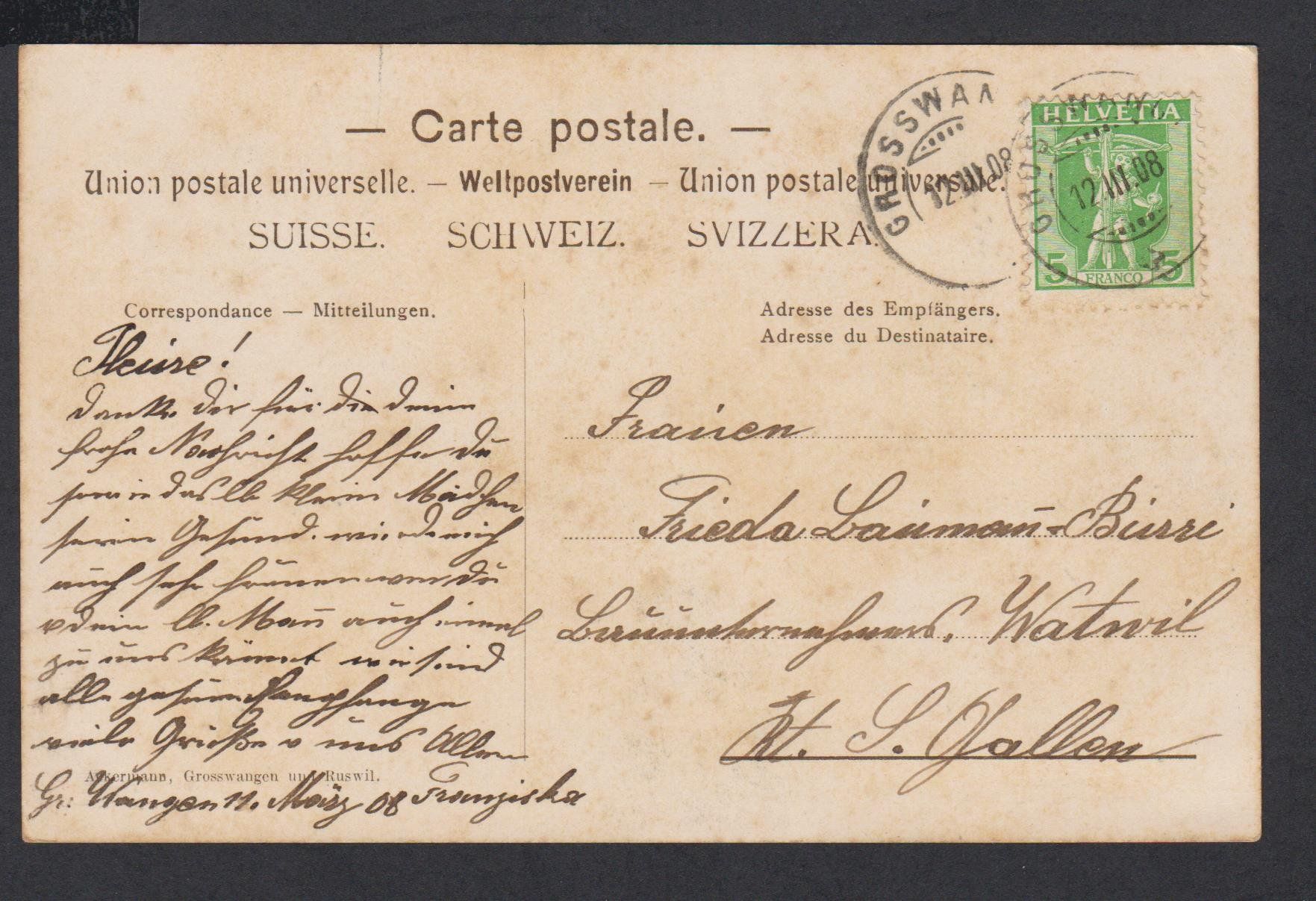 Cartes postales: Grosswangen  LU   :   alte Ansichtskarte gest. 1908 – D'occasion à Vitznau par Ropaku 2