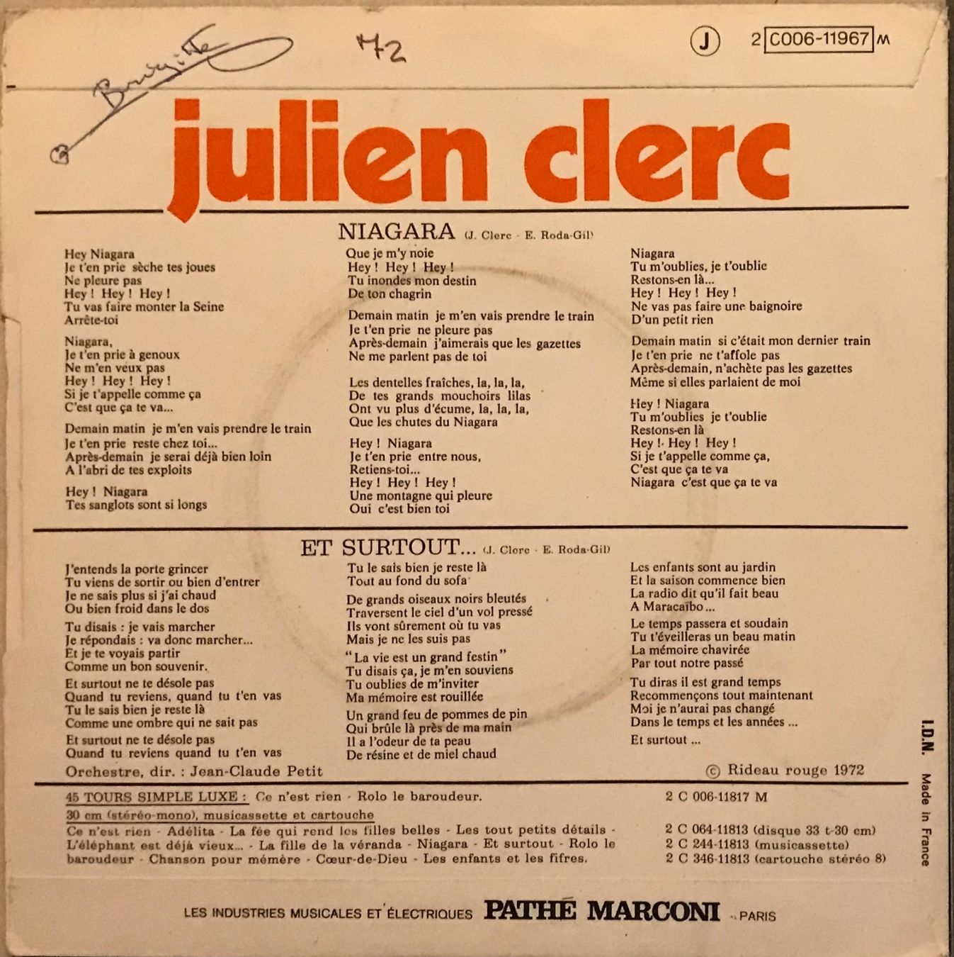 Schallplatten: JULIEN CLERC - NIAGARA – Gebraucht aus Bussigny von vinyl-pas-cher 1