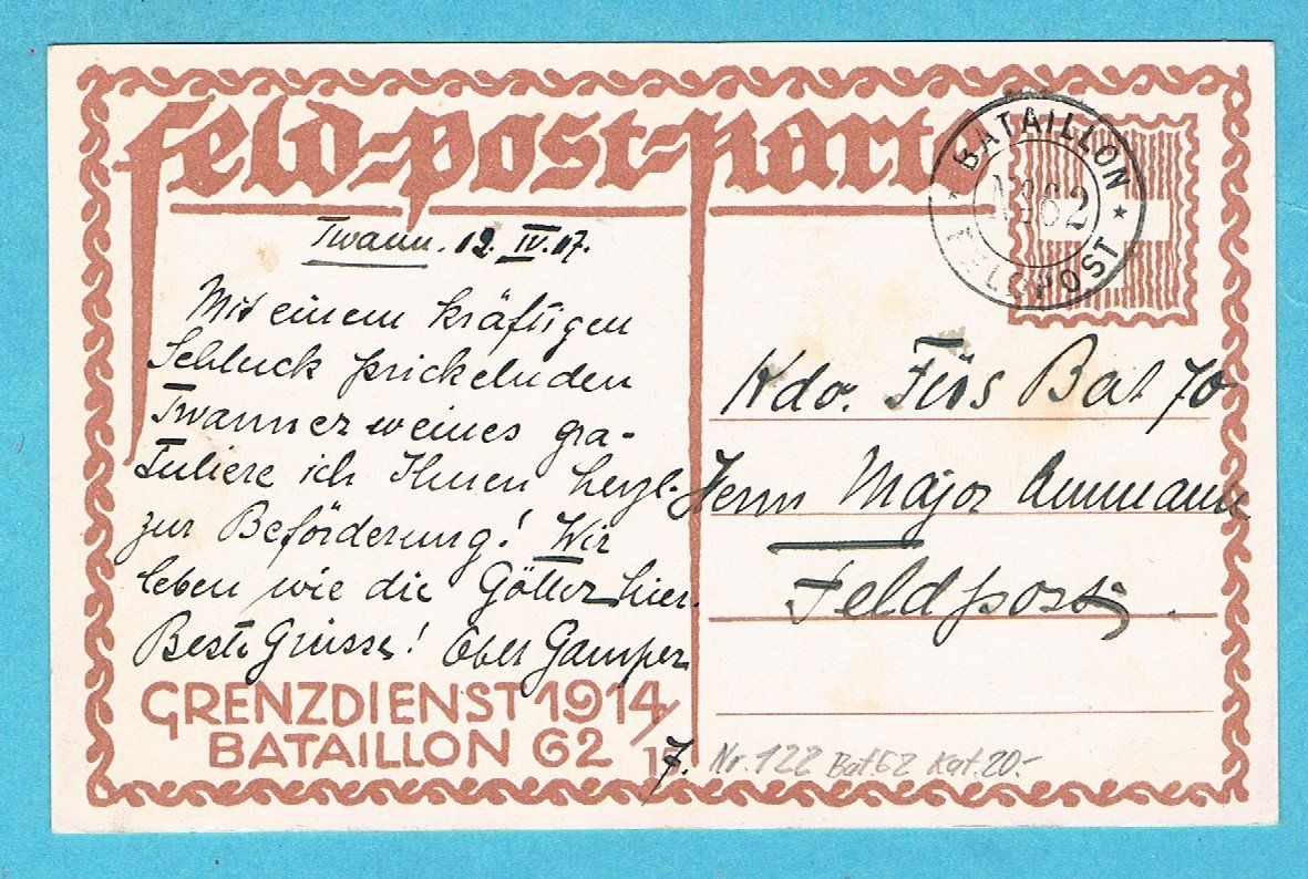 Cartoline postali: Feldpostkarte GRENZDIENST 1914 BATAILLON 62 ! – Usato da Seedorf venduto da Carabella3 1