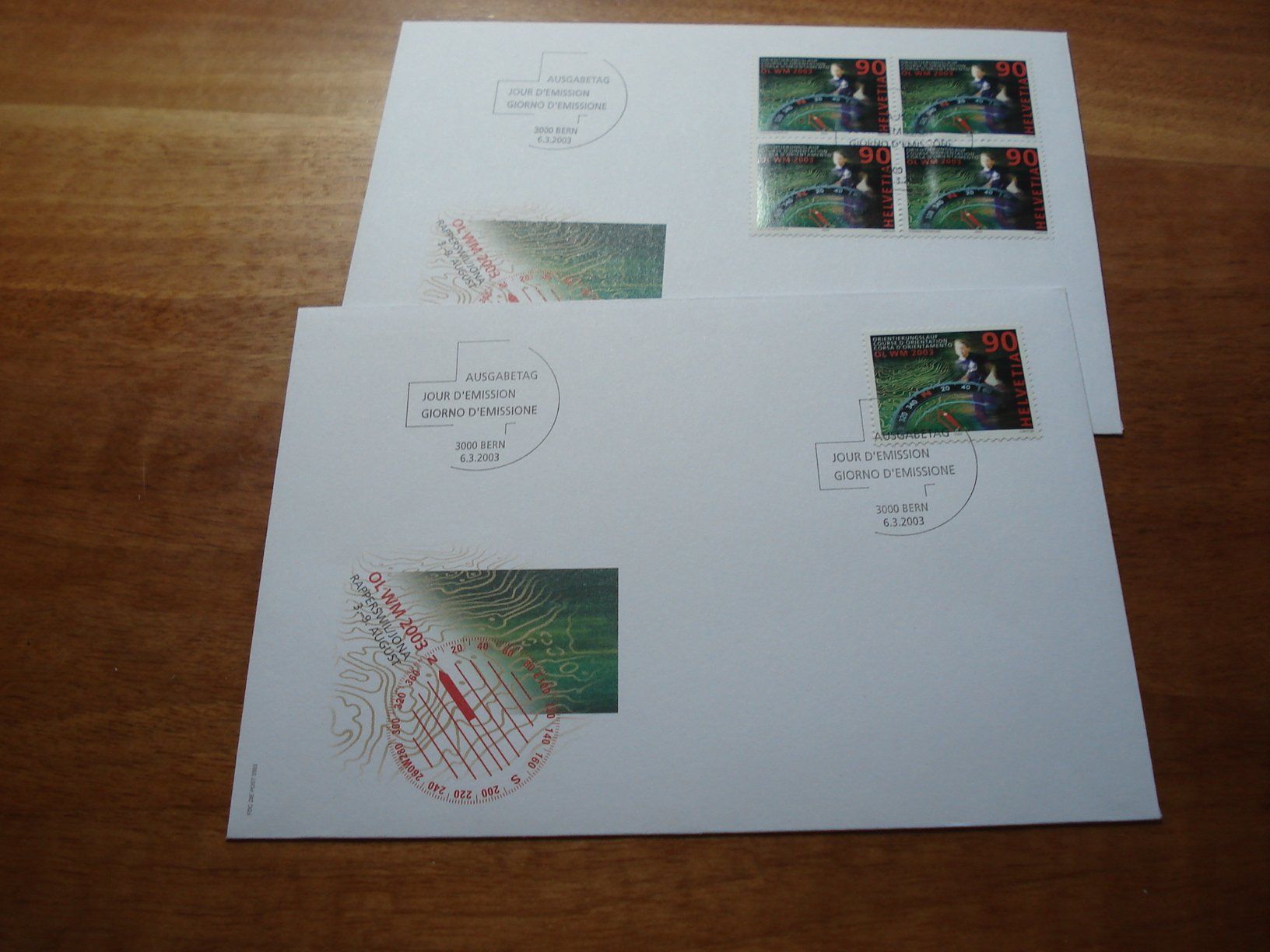 Tous les timbres: Orientierungslauf-WM, 2003, FDC Einzel + 4erblock – D'occasion à Niederwil AG par morostahu 1