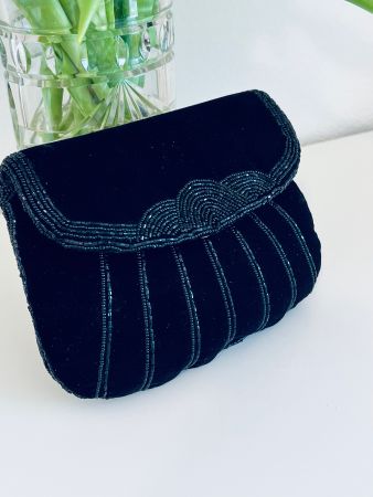 Vintage Austrian Black Velvet Beaded Evening Bag