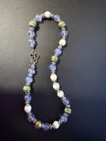 Necklace purple white beads silver tone clasp