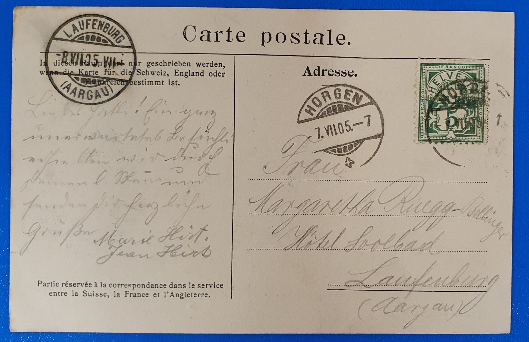 Cartoline postali: Horgen 1905 – Usato da Kreuzlingen venduto da Rschweiz1 1