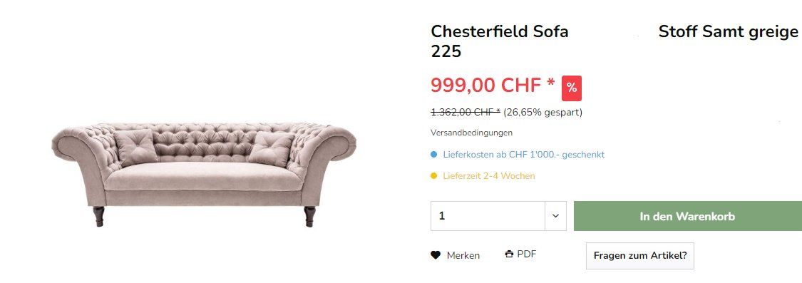 Chesterfield Divani: Chesterfield Sofa 225cm in Greige Samt – Nuovo e nell'imballaggio originale da Winterthur venduto da aredo 6