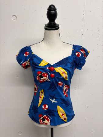 Collectif London Rockabilly Bluse blau Surfer Herzausschnitt