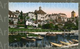 AK sw nachkoloriert Murten FR Hafen belebt ≈ 1950