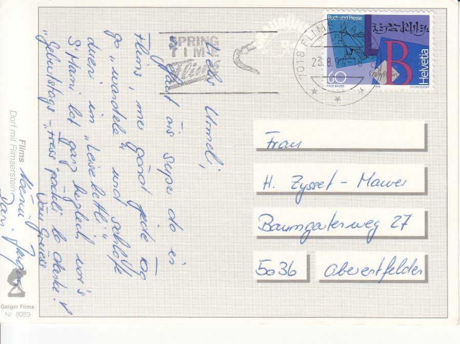 Cartoline postali: Flims 1994 – Usato da Bürglen TG venduto da StampGraf 1