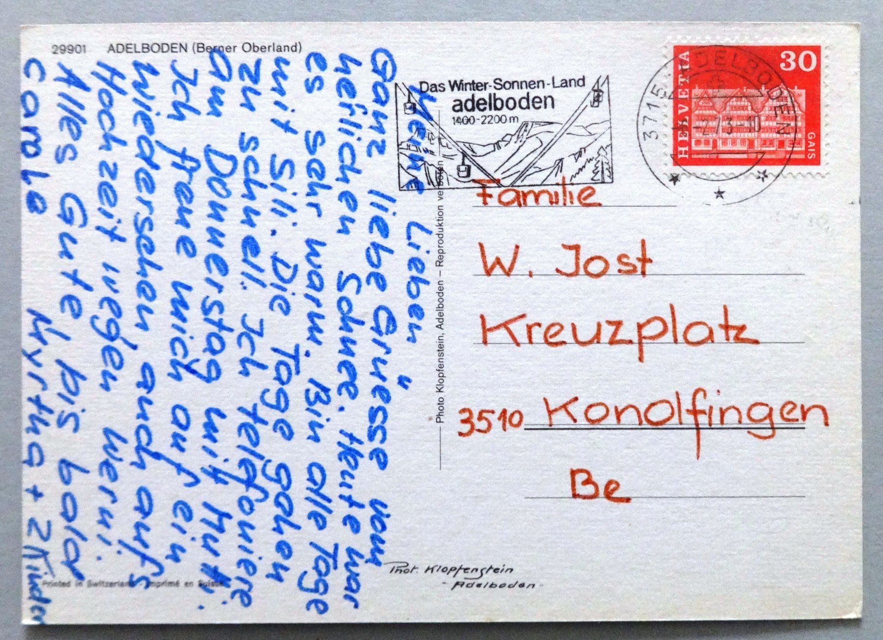 Cartoline postali: Adelboden 1353 m, B.O. – Usato da Fétigny venduto da Billy2miny 1
