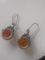 Boucles d'Oreilles en Argent Ambre Cognac Antique  Feuilles