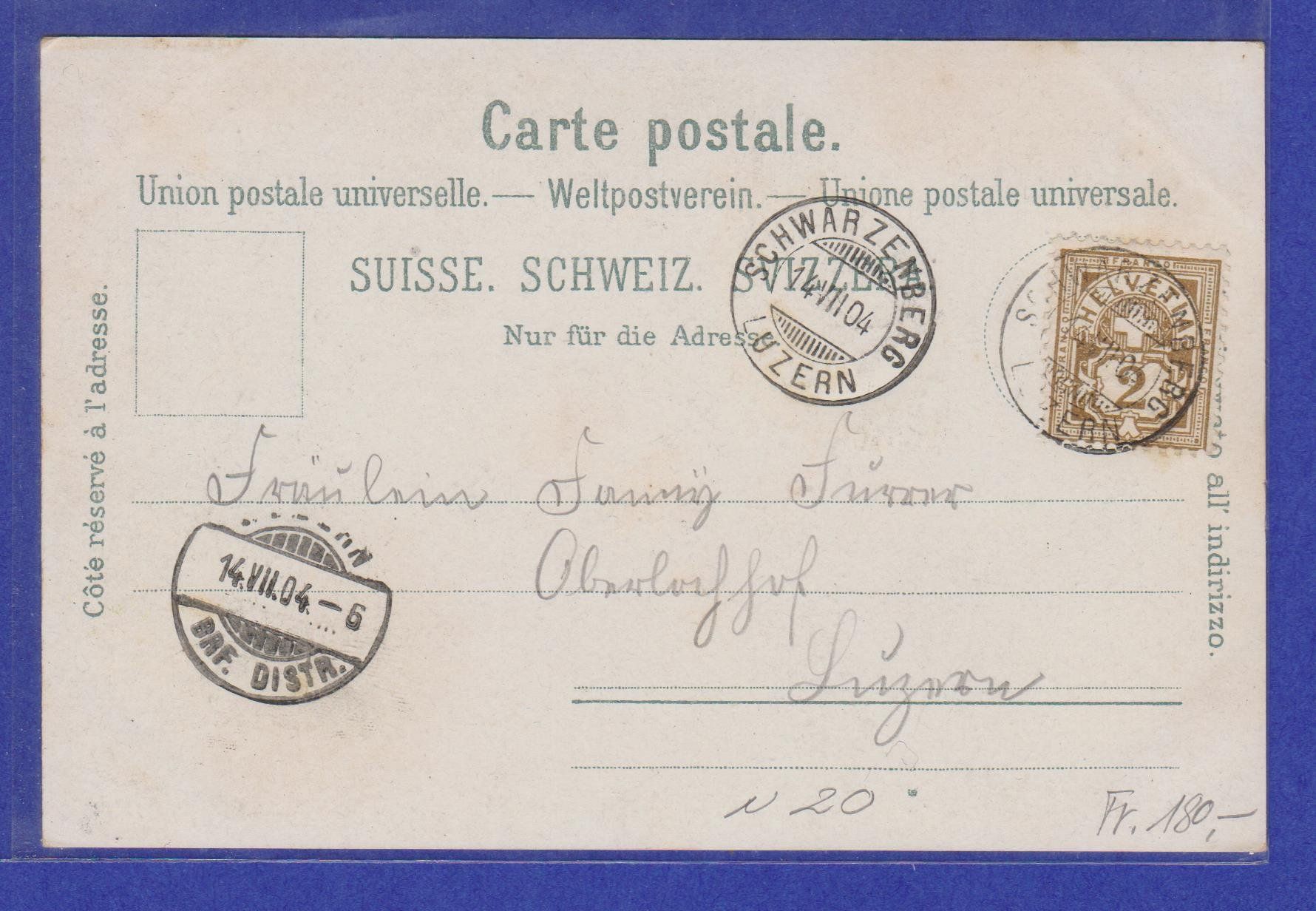 Cartoline postali: Schwarzenberg LU  :  Litho Ansichtskarte vom  14.7.1904 – Usato da Vitznau venduto da Ropaku 1