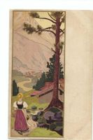 Alpenlandschaft mit Trachtenfrau, Künstlerkarte