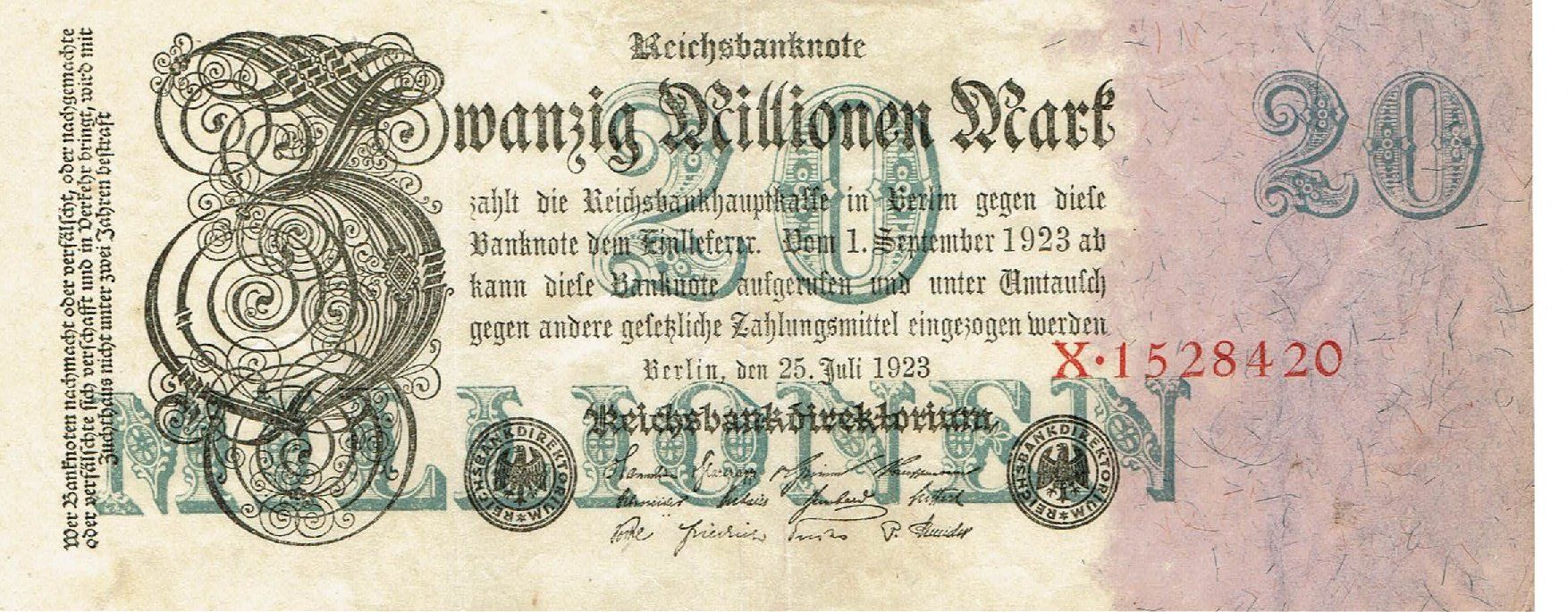 Banconote: Berlin 20 Mil.Mark rote KN 1923 SS+-SS++ – Usato da Steffisburg venduto da ber_8htf