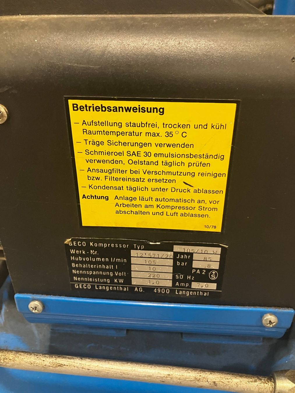 Compressori: GECO Luft-Kompressor, 8 bar, von GECO Langenthal AG – Usato da Neunkirch venduto da autoscooter57 9