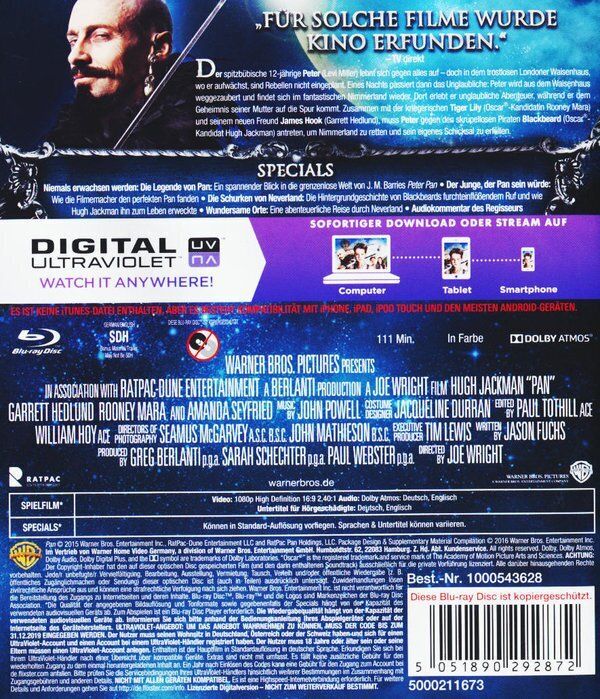 Tutti i DVDs: PAN (2015) Joe Wright/Hugh Jackman/Rooney Mara/Blu-ray – Usato da Volketswil venduto da cinephilia 1