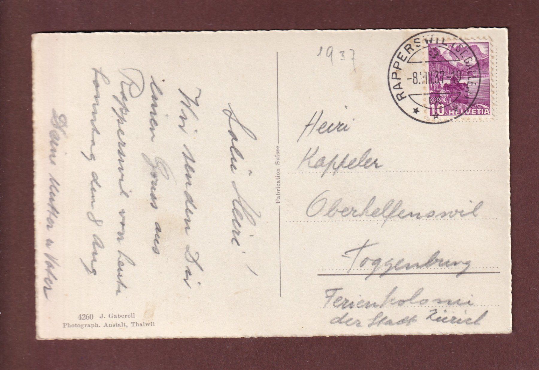 Cartoline postali: RAPPERSWIL - Schloss - 1937 – Usato da Pully venduto da nicecards-shop 1