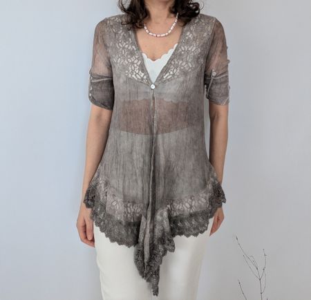 Damen Bluse grau Spitze Seide 40% Grösse S
