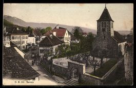 AK Bevaix, Ortspartie mit Kirche und Straße aus der Vogelsch
