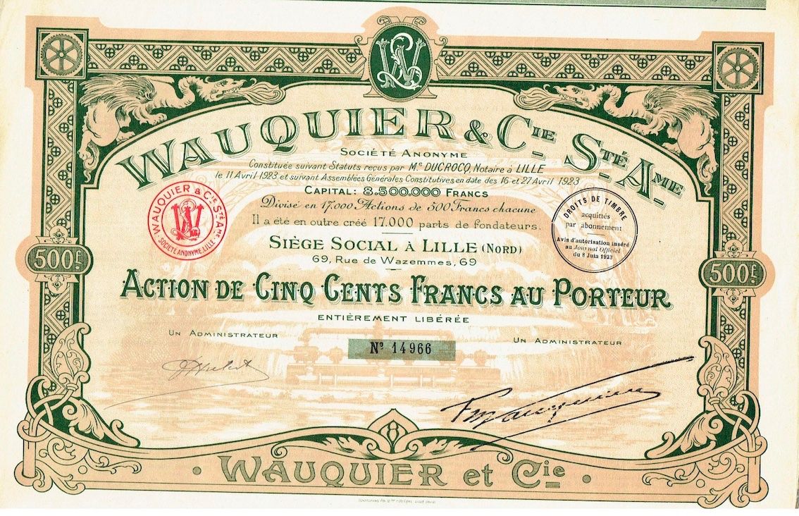 Dokumente: Wauquier & Cie. SA, Lille - 1923 – Gebraucht aus Solothurn von Sgasche