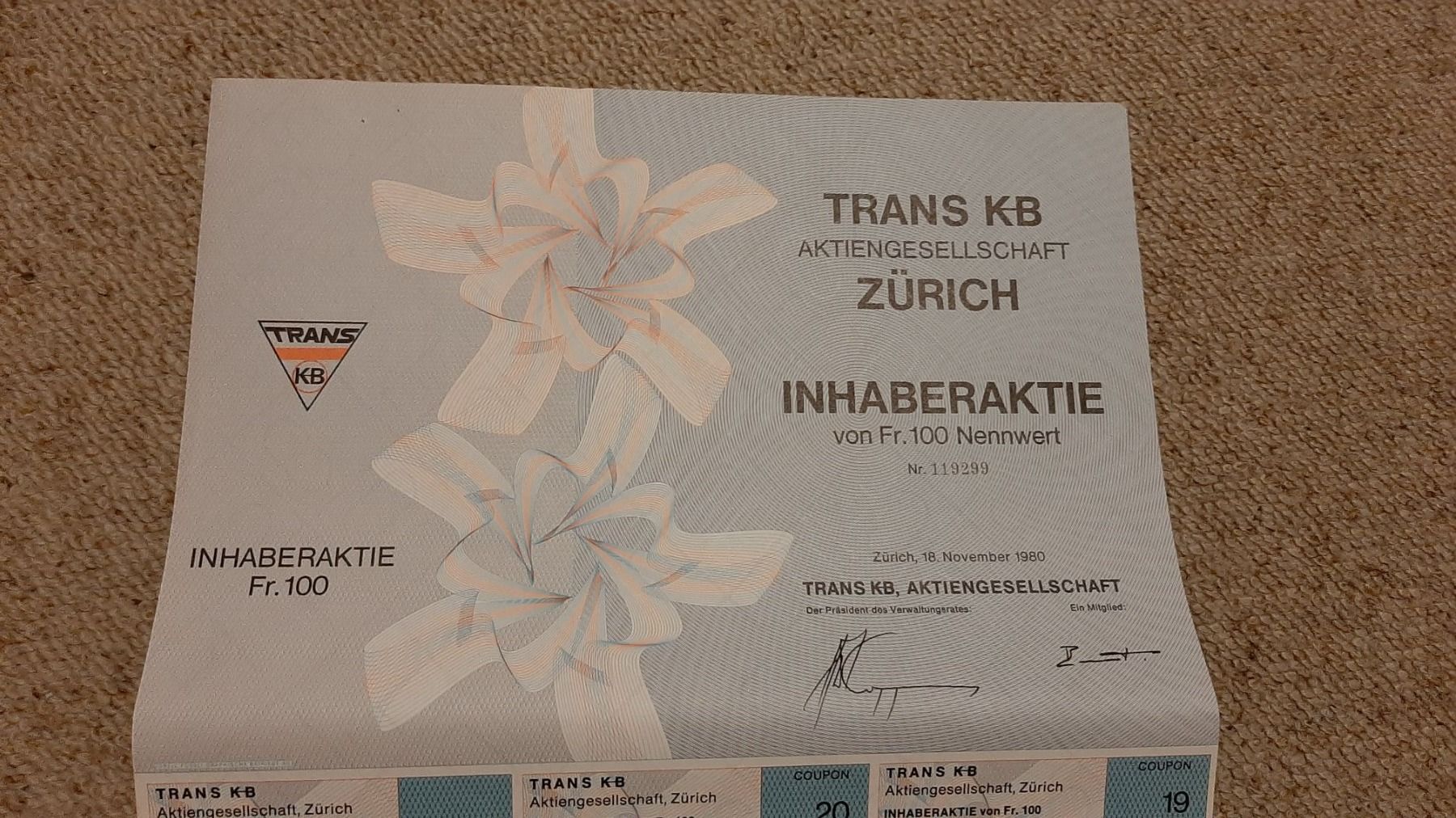 Documenti: Aktie Trans KB, Zuerich – Nuovo (secondo la descrizione) da Porza venduto da ulletta1 1