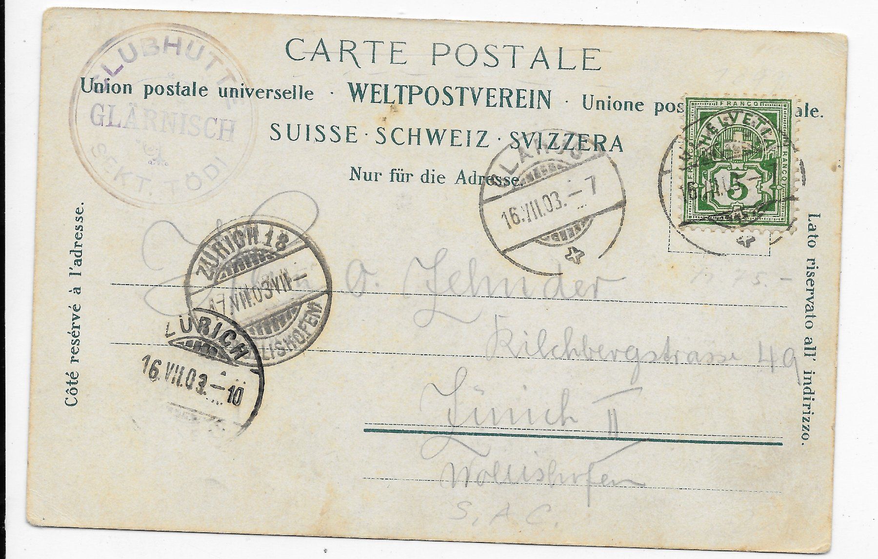 Cartoline postali: Glärnischhütte S.A.C. um 1903 – Usato da Hefenhofen venduto da Richsalz 1