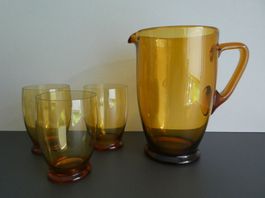 Glaskrug / Wasserkrug und 3 Gläser, gelb, Mid century