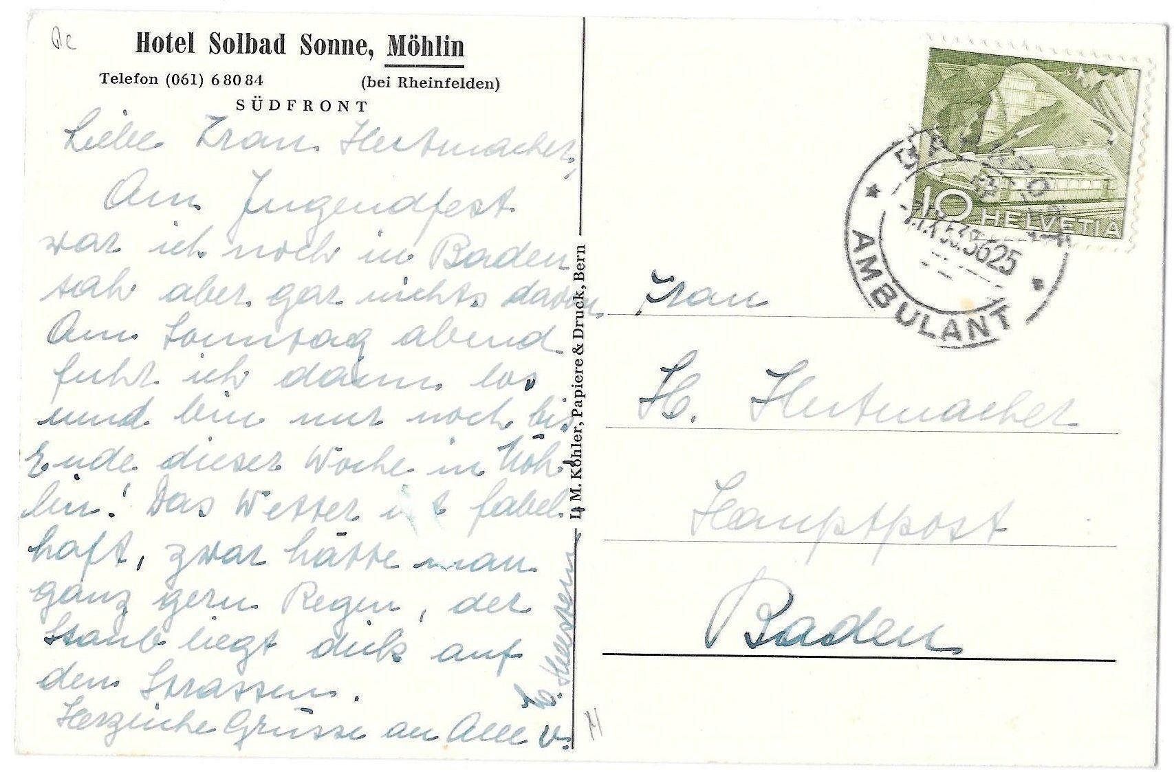 Cartoline postali: Möhlin Hotel Solbad Sonne Südfront – Usato da Olten venduto da clotaldi 1