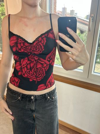 vintage top black with red flowers  