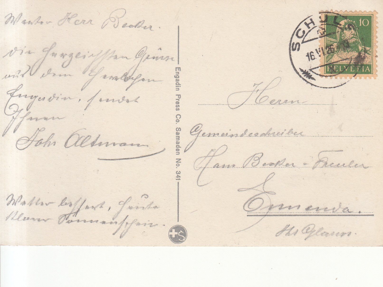 Cartoline postali: Schuls 1926 – Usato da Bürglen TG venduto da StampGraf 1