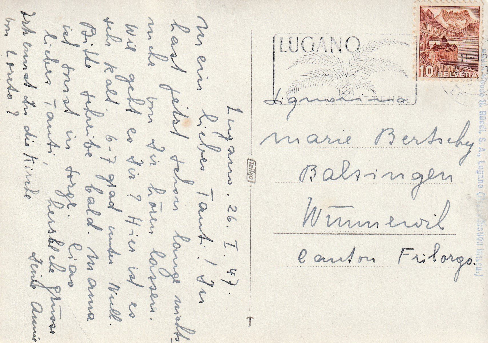 Cartoline postali: AK Lugano gel. 26.1.1947 – Usato da Fribourg venduto da schnalla92 1