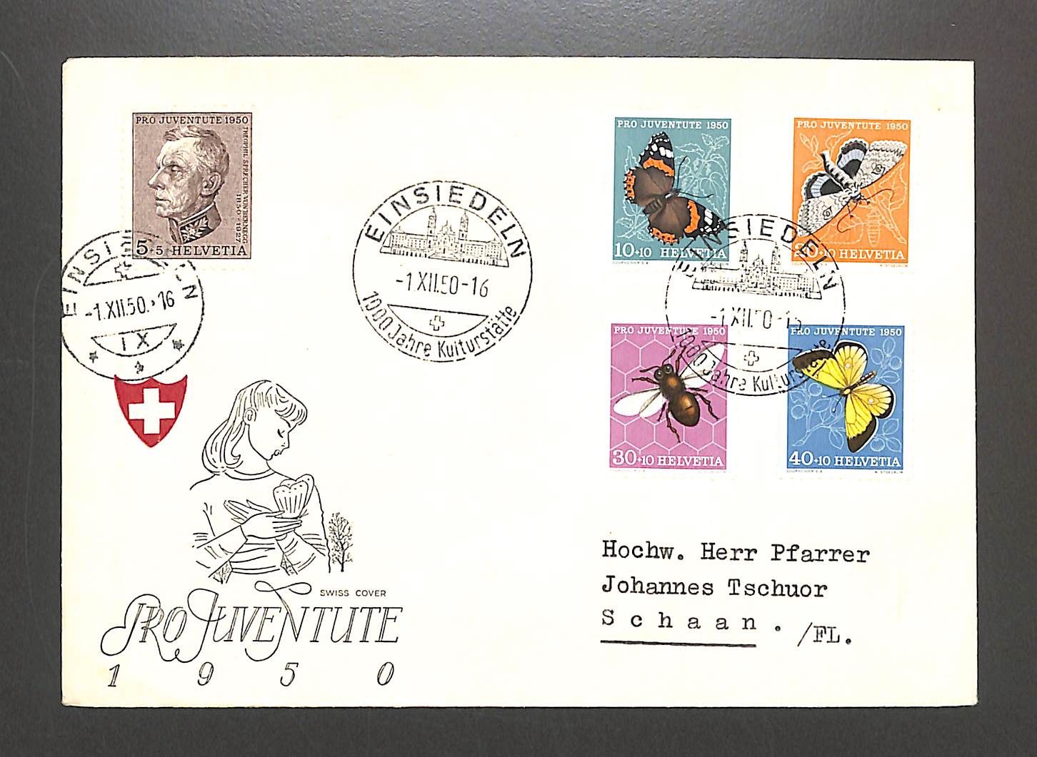 Tutti i francobolli: 1950 FDC Pro Juventute Ersttagsbrief illustriert EINSIEDELN – Usato da Zürich venduto da Nobs1