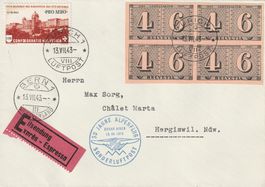 Flugpost Brief-Zürich-Bern 1943 Eilsendung Marken aus Block