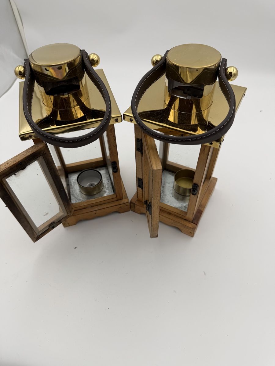 Lanterne: 2 Windlichter Holz Messing mit Ledergriff gebraucht – Usato da Rotkreuz venduto da GoldHeinz 2