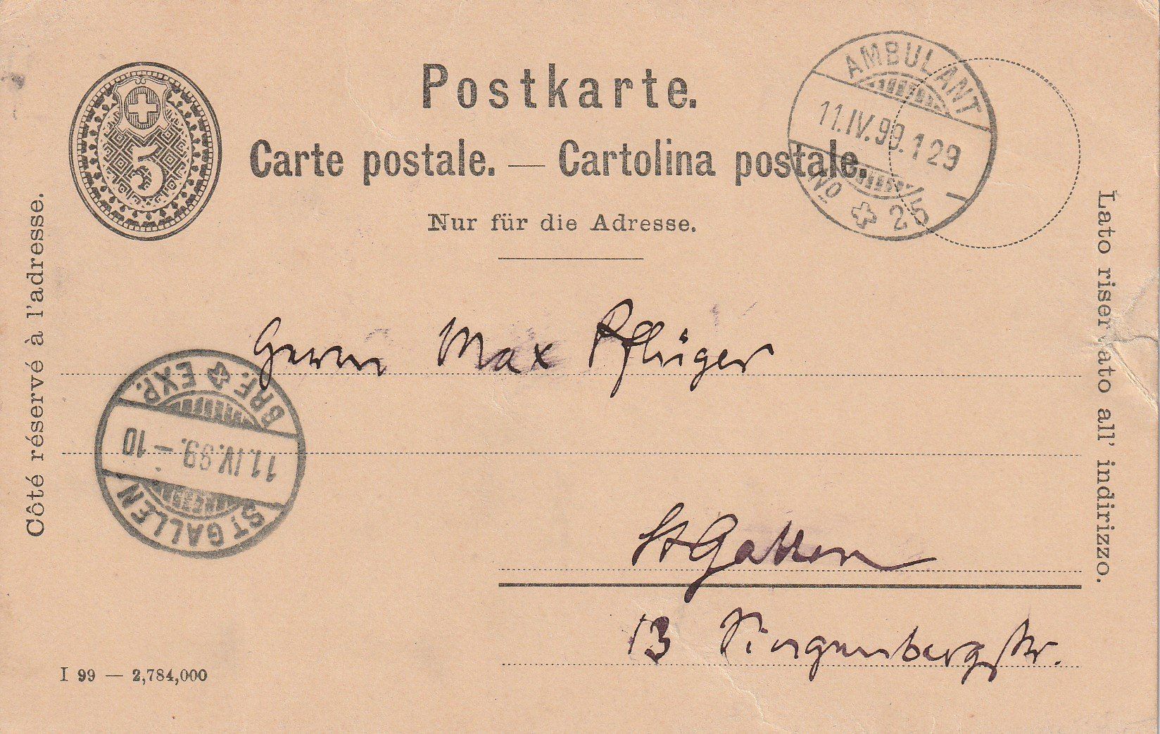 Tous les timbres: Postkarte-Ganzsache mit Bahnpoststempel 1899 – D'occasion à uttwil par Koehlerfred