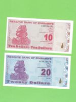 Zimbabwe Banknoten 10 & 20 Dollar, Jahr 2009, Top Zustand