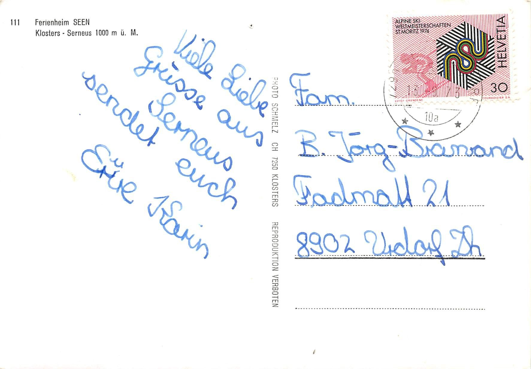 Cartoline postali: Klosters Serneus, Ferienheim Seen – Usato da Ottikon b.Kemptth. venduto da Neptun1974 1