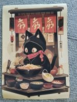 Affiche chat noir mangeant des ramens style japonais