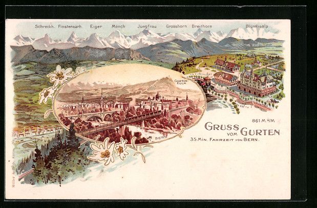 Ansichtskarten: Litho Bern, Teilansicht mit Eisenbahnbr – Gebraucht aus Berlin von bartko-reher