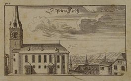 ZÜRICH KIRCHE ST. PETER, KUPFERSTICH, BLUNTSCHLI 1742