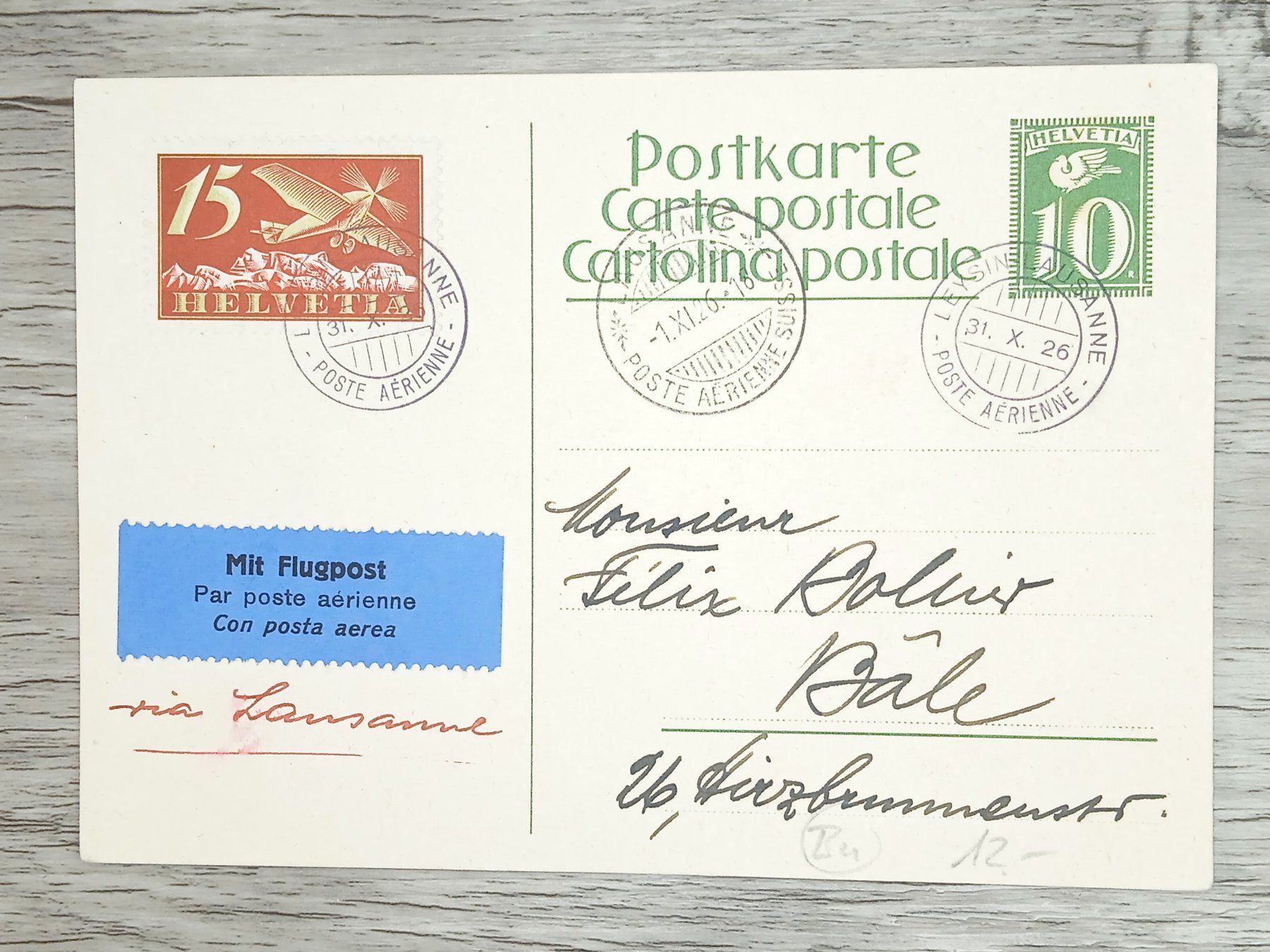 Tutti i francobolli: TR20 Carte Postale + Timbre Suisse 1926 – Usato da Cousset venduto da Patrick_Collections