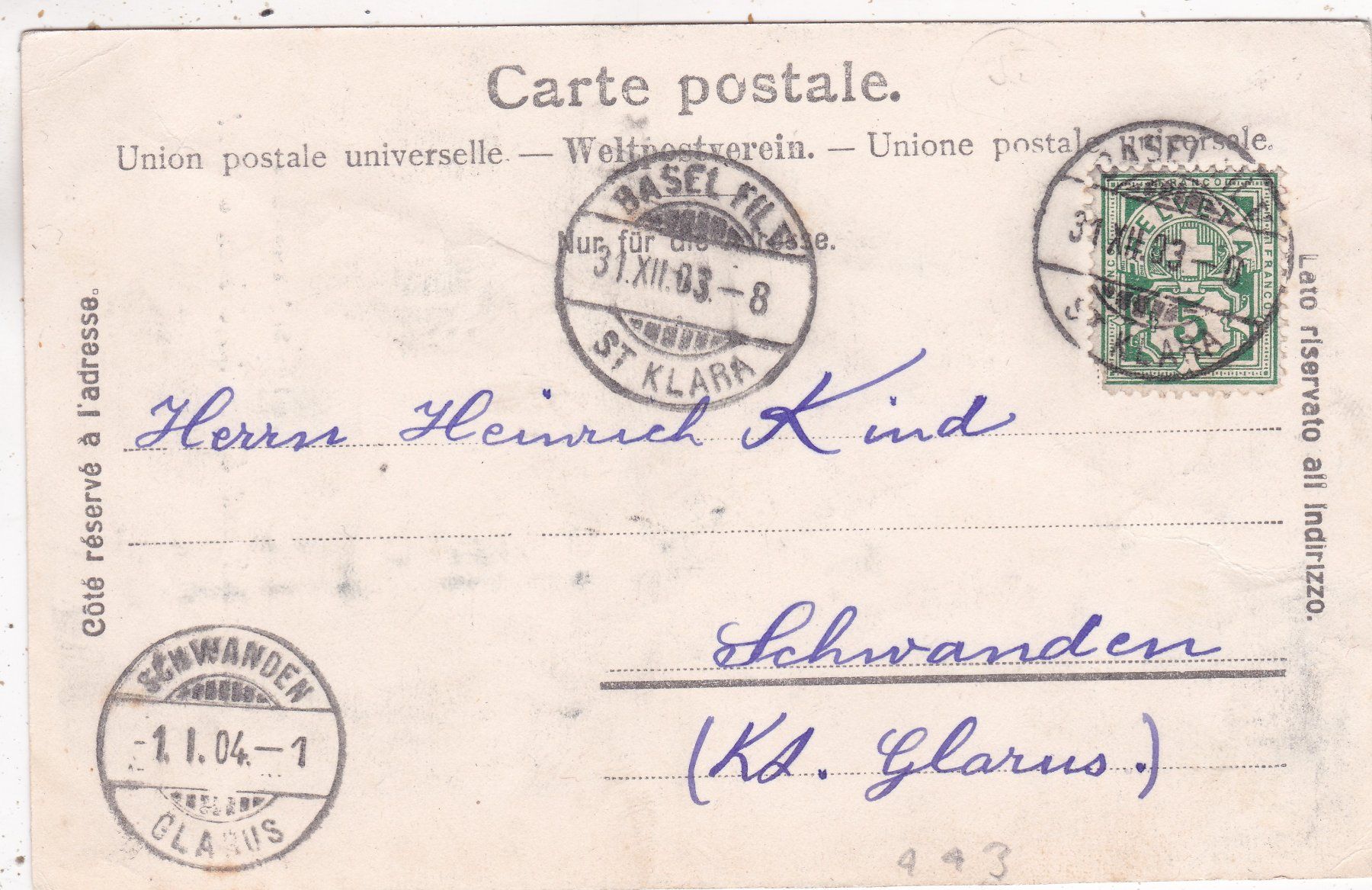 Cartes postales: Basel St. Johannthurm Neujahr 1903 1904 – Défectueux à Herisau par Lisegrat2008 1