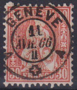 Tutti i francobolli: TRAUM Sitzende Helvetia "30", Nr.33, V-O GENEVE++++ – Usato da Samnaun-Compatsch venduto da Muckimu
