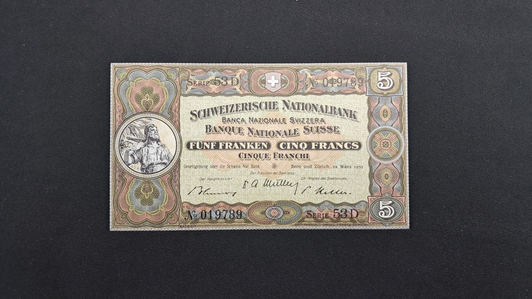 Banconote: 5 Franken  1952 Sign. Keller Unc – Nuovo e nell'imballaggio originale da Lufingen venduto da E-Auktion