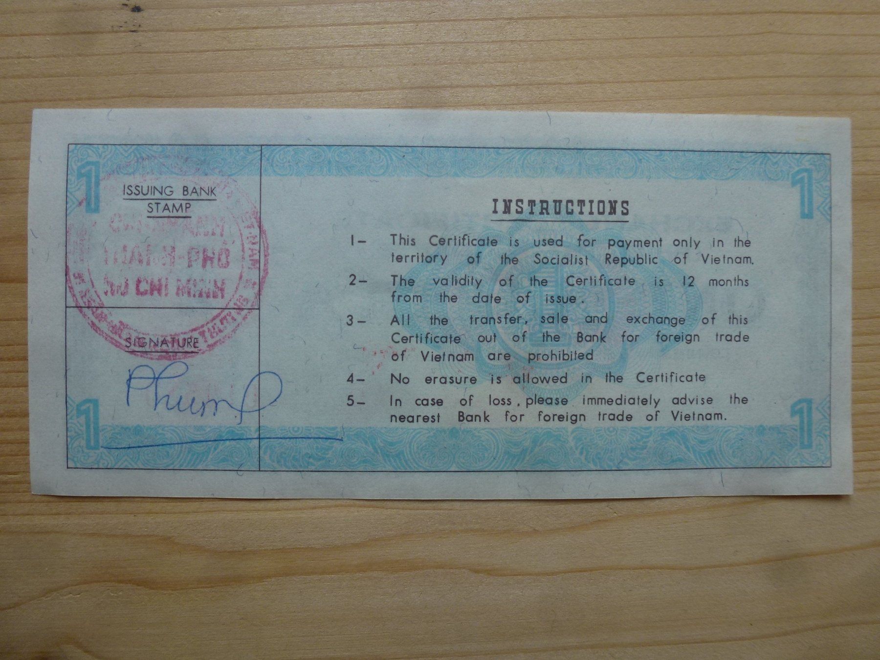 Banconote: Vietnam ++ One Dollar (Exchange Certificate) – Usato da Walkringen venduto da Casablanca777 1