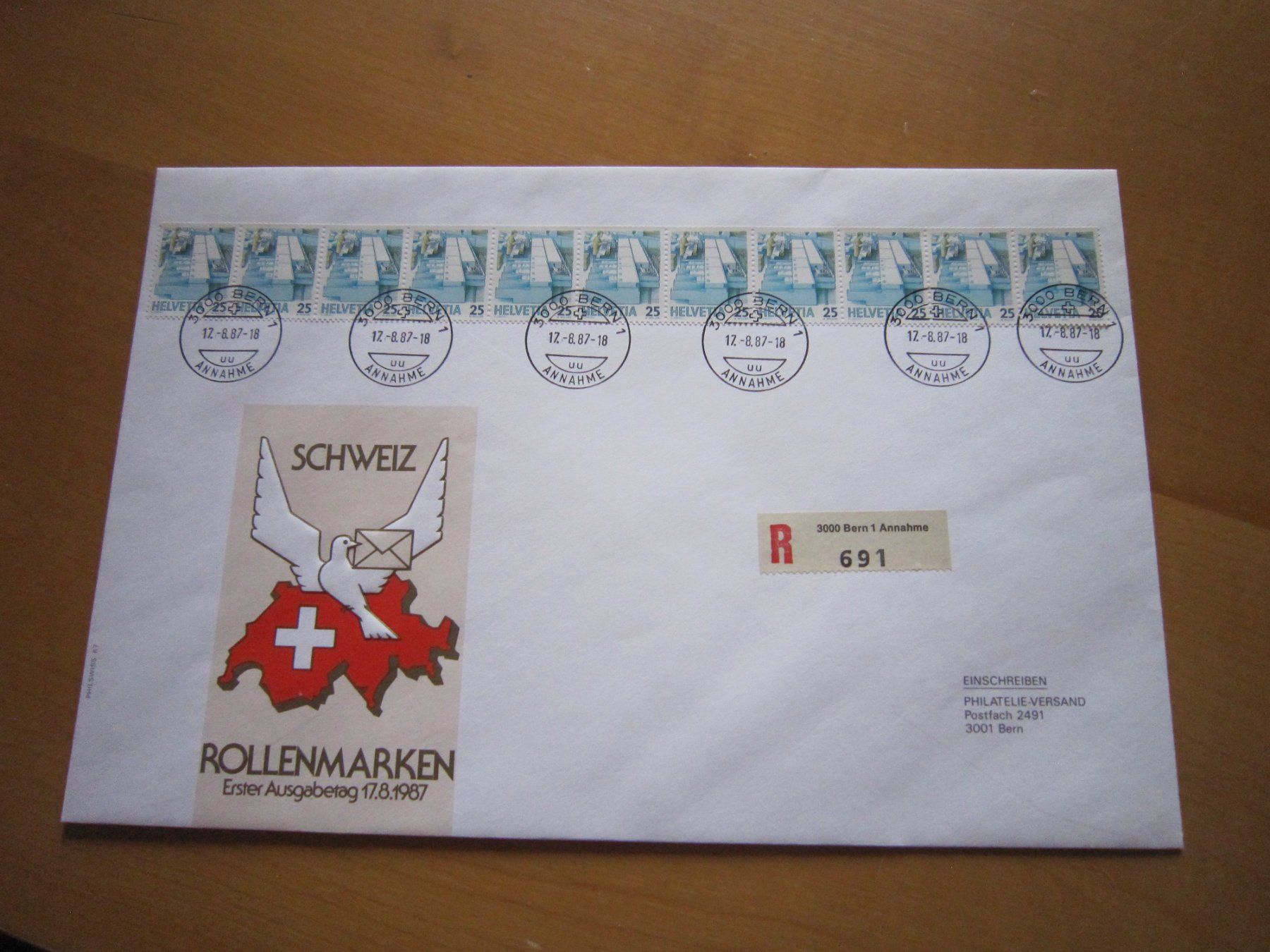 Alle Briefmarken: 1987 Rollenmarken auf Grossbrief – Gebraucht aus Giubiasco von sal_9j6w
