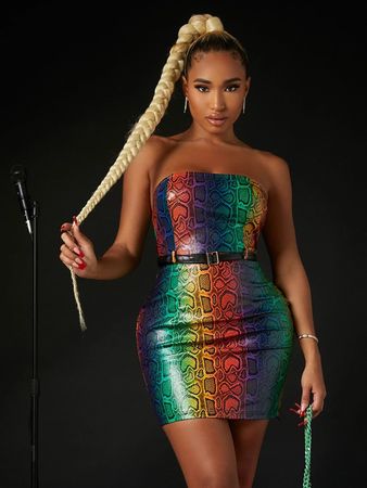 Figurbetontes Minikleid mit Schlangenhaut Muster, Farbig
