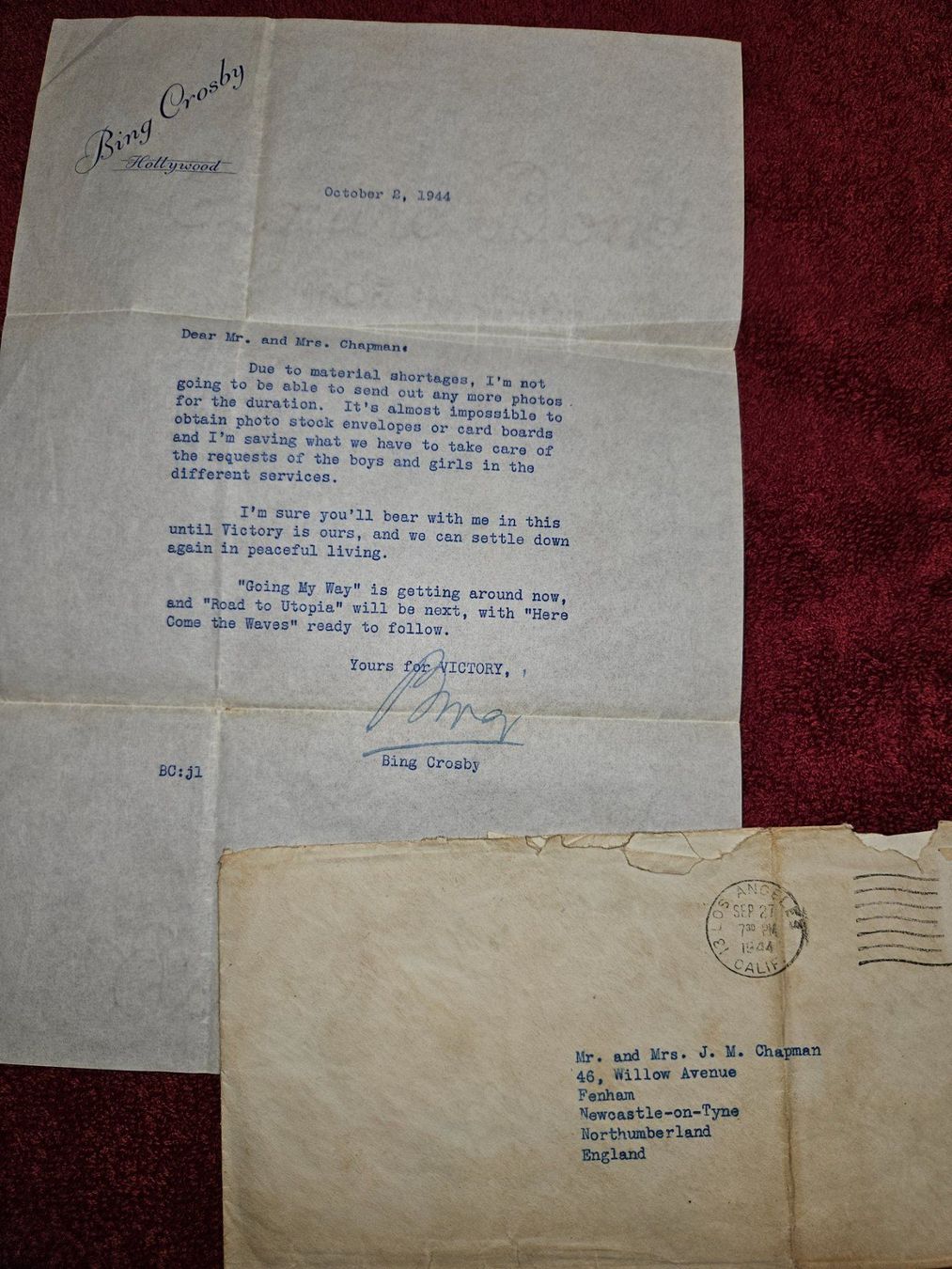 Autogramme: 2 Bing Crosby Briefe, handsigniert m. Couvert Calif. 1950 – Gebraucht aus Gunzwil von Charro03 4