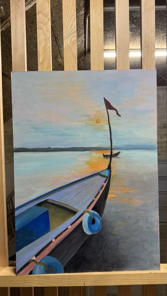 Dipinti: Gemälde: Boot Ganges, Varanasi, Acryl auf Brett, Handgema – Usato da St. Niklausen LU venduto da Ispaar